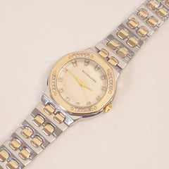 Two Tone Women Stone Design Chain Wrist Watch Yellow Dial