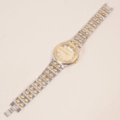 Two Tone Women Stone Design Chain Wrist Watch Yellow Dial