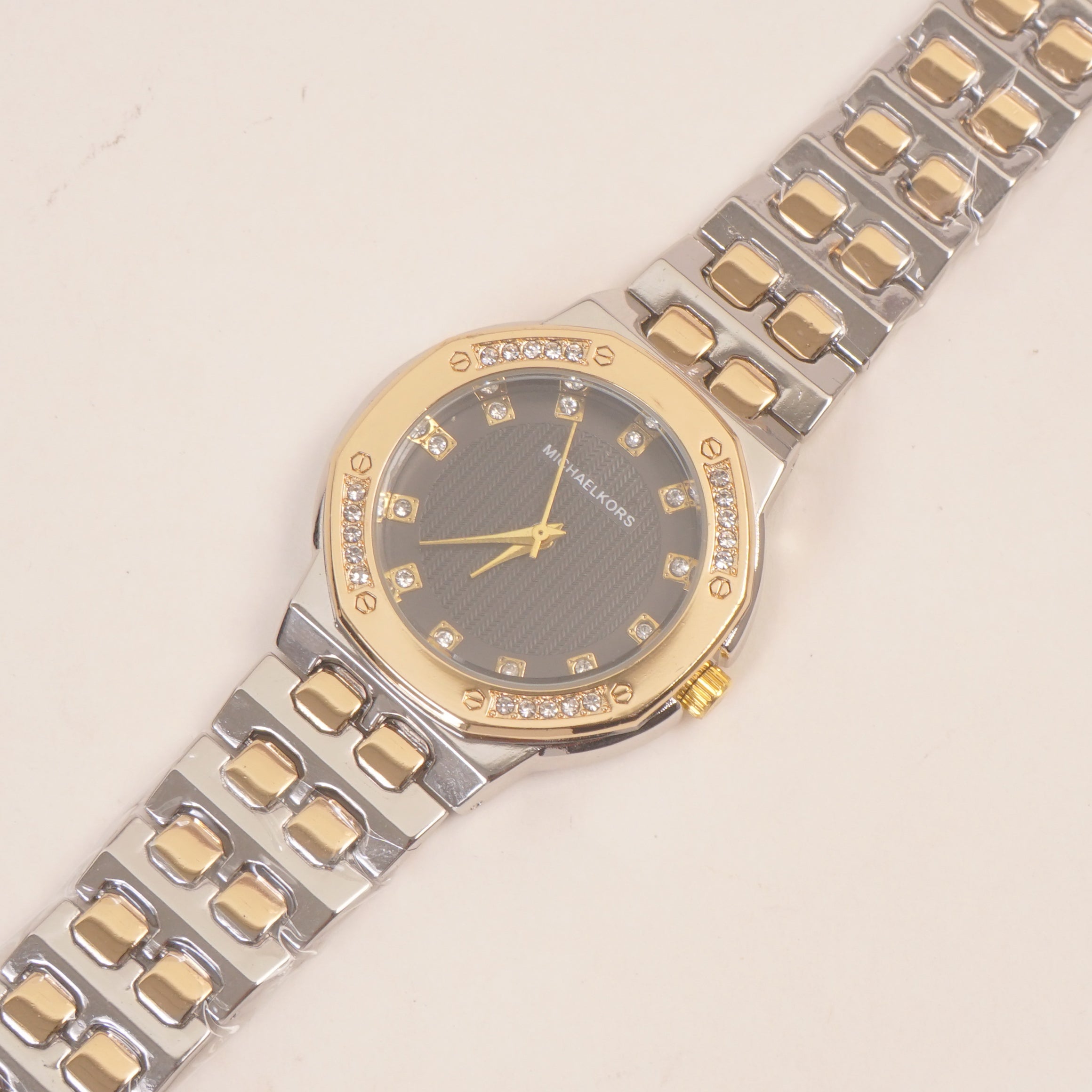 Two Tone Women Stone Design Chain Wrist Watch Black Dial