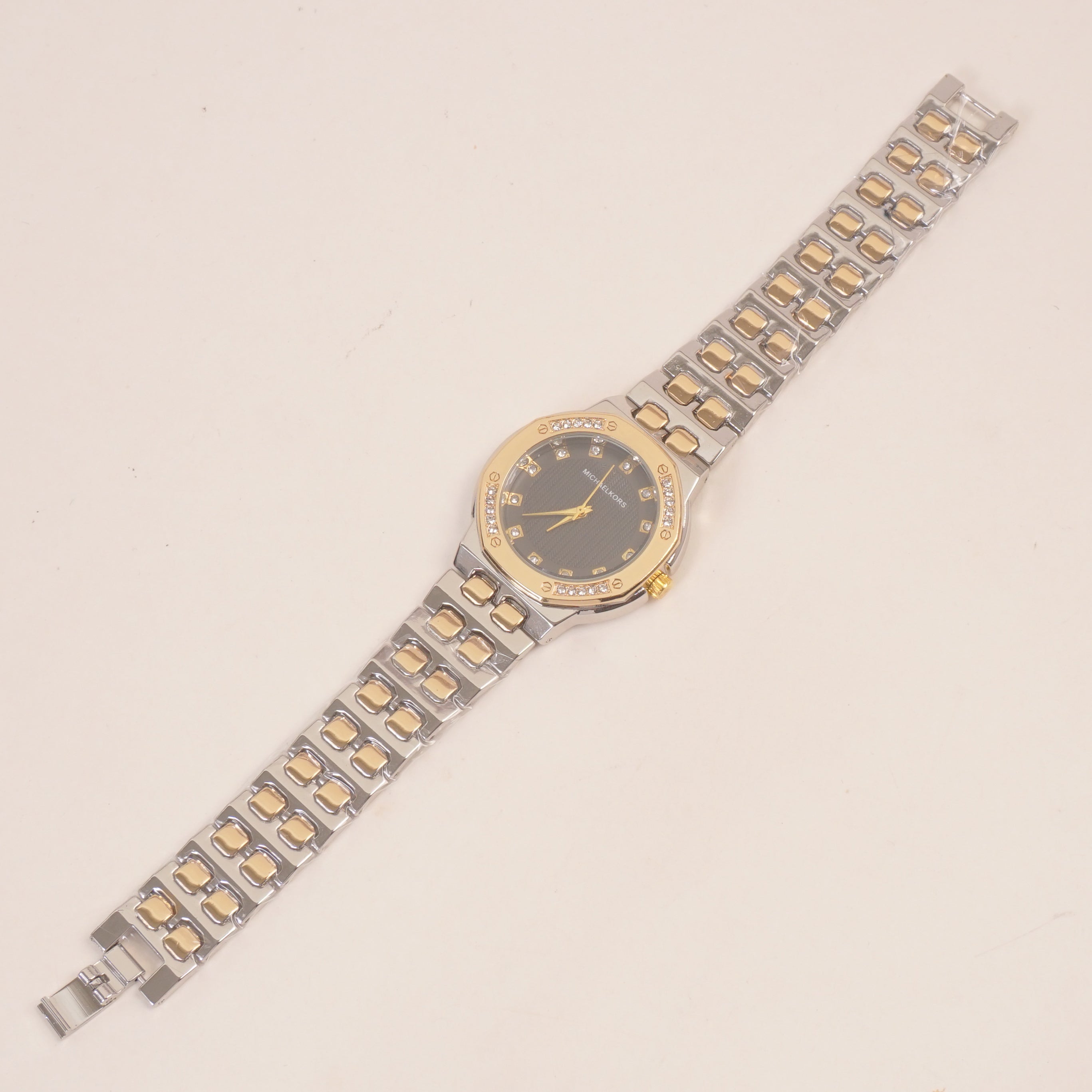 Two Tone Women Stone Design Chain Wrist Watch Black Dial