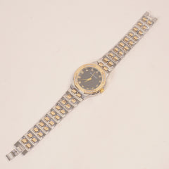 Two Tone Women Stone Design Chain Wrist Watch Black Dial