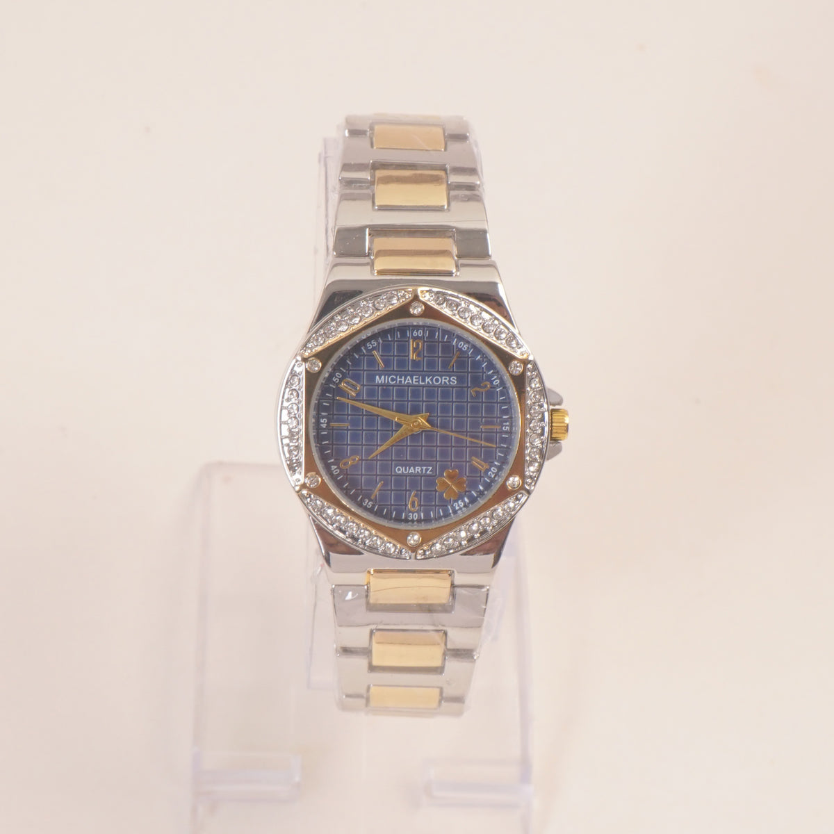 Two Tone Women Stone Design Chain Wrist Watch Blue