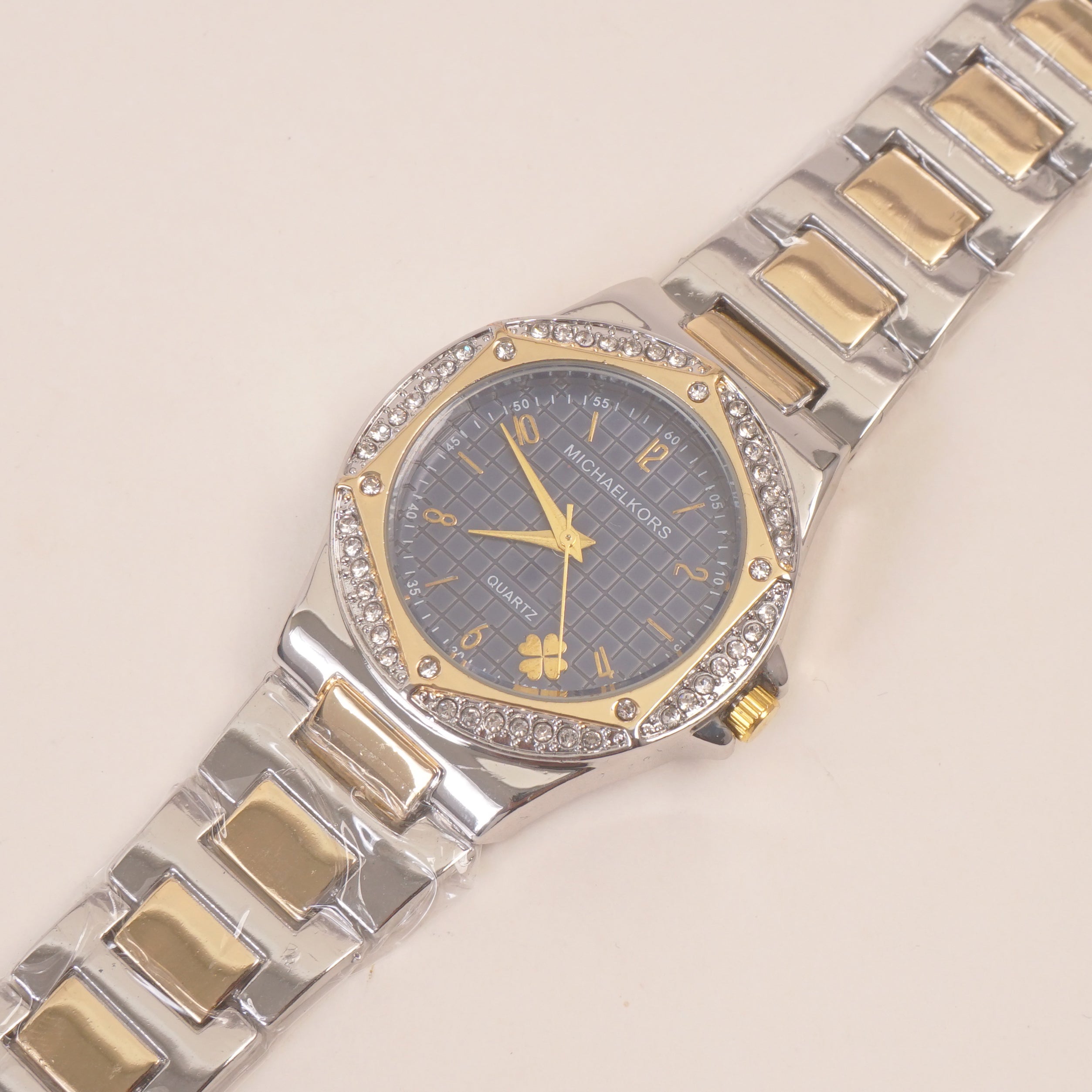 Two Tone Women Stone Design Chain Wrist Watch Blue