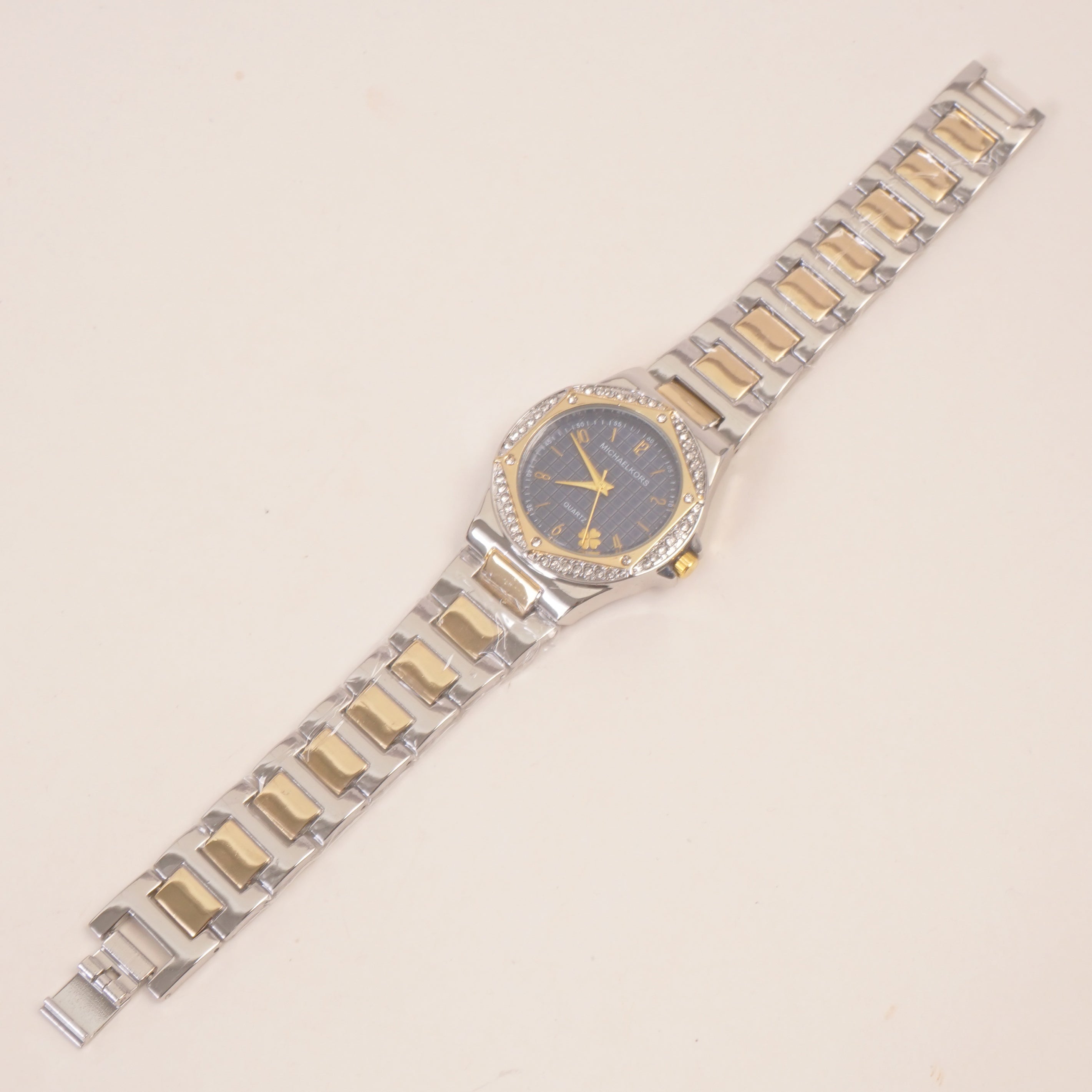 Two Tone Women Stone Design Chain Wrist Watch Blue