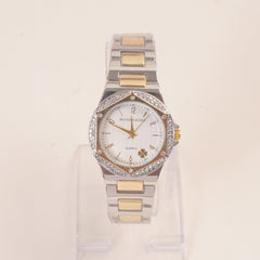 Two Tone Golden Women Stone Design Chain Wrist Watch White