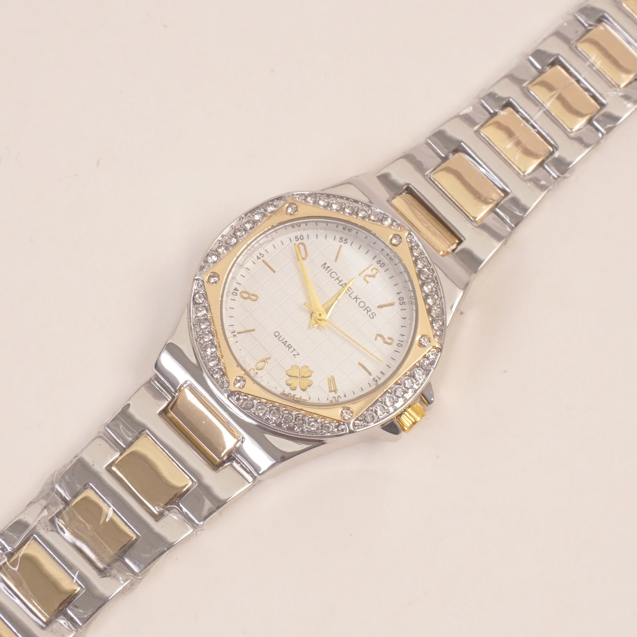 Two Tone Golden Women Stone Design Chain Wrist Watch White