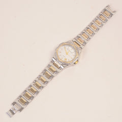 Two Tone Golden Women Stone Design Chain Wrist Watch White