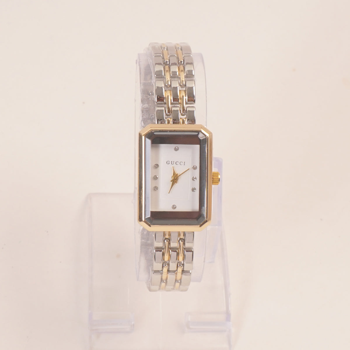 Two Tone Women Stone Design Chain Wrist Watch White Dial