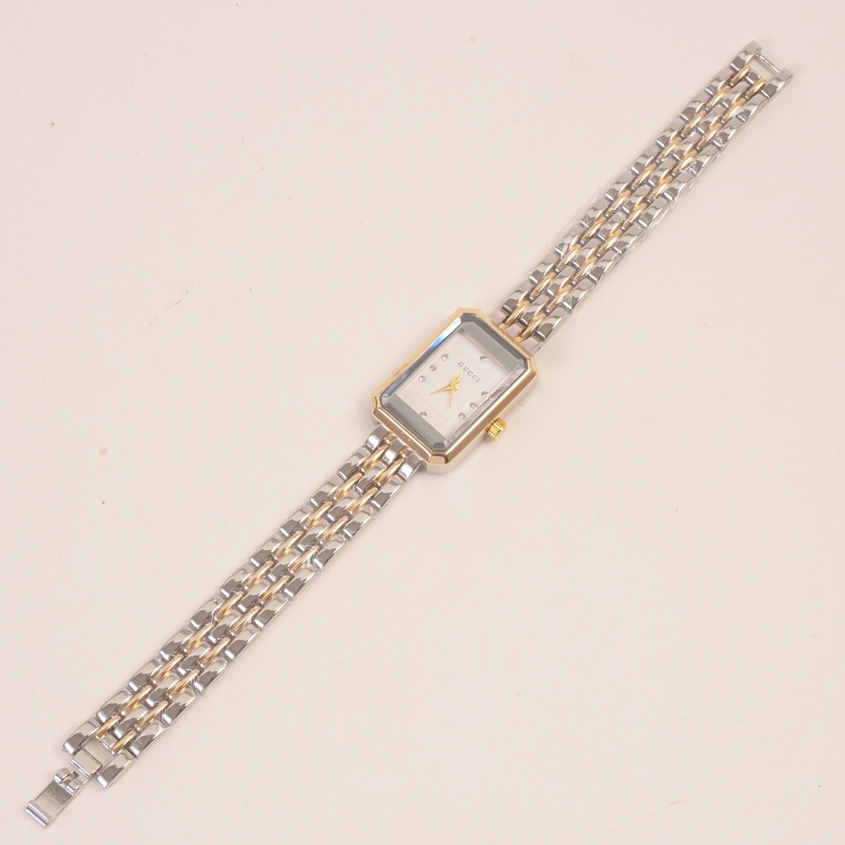 Two Tone Women Stone Design Chain Wrist Watch White Dial