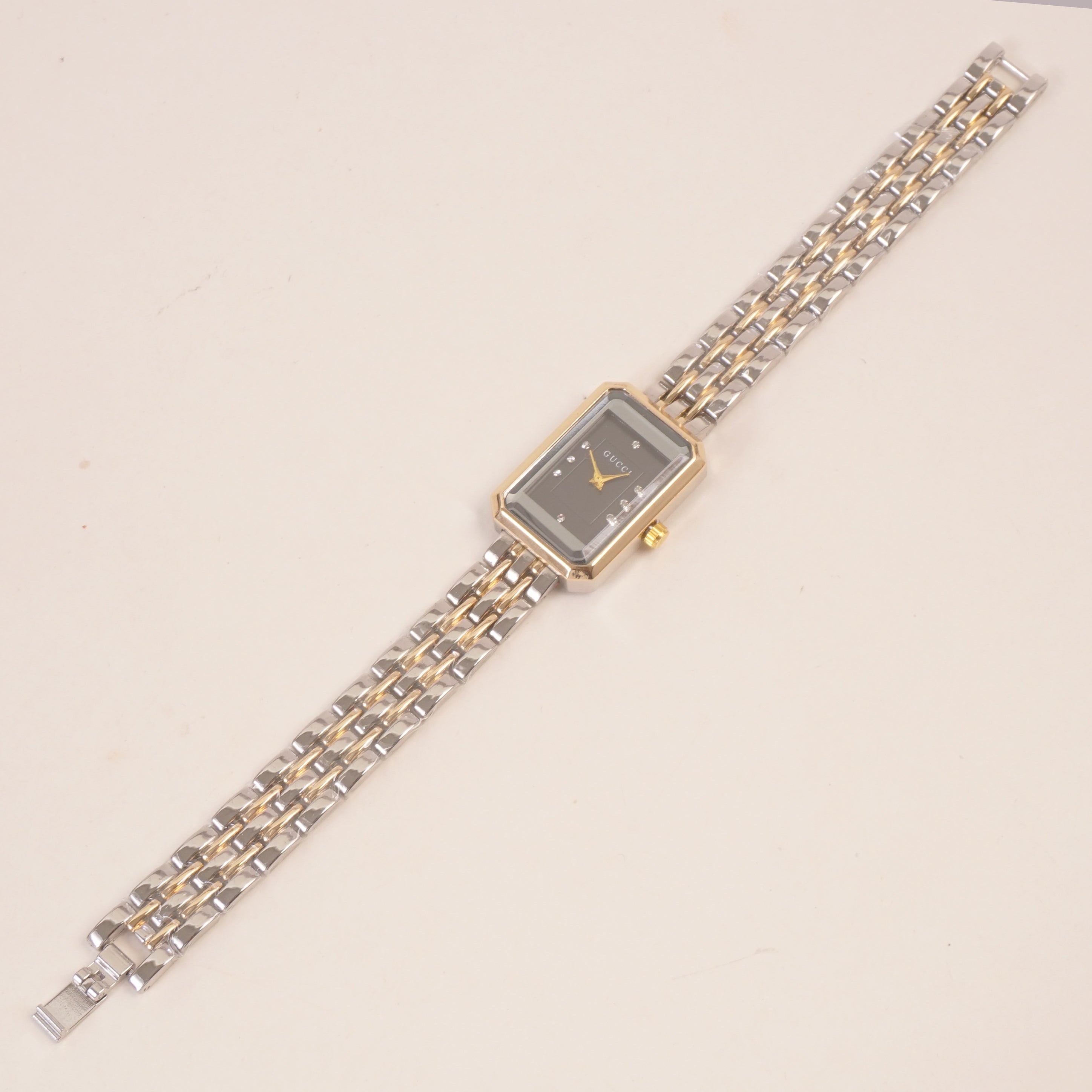 Two Tone Golden Women Stone Design Chain Wrist Watch Black Dial