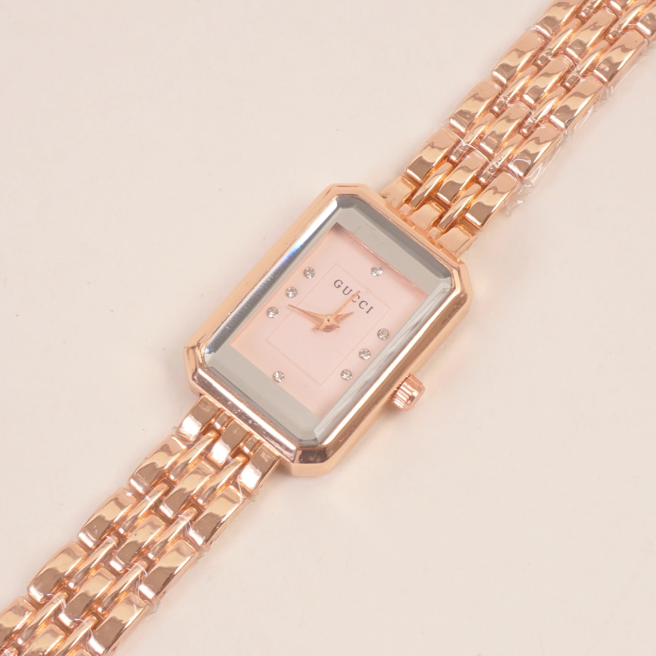 Women Stone Design Chain Wrist Watch Pink Dial