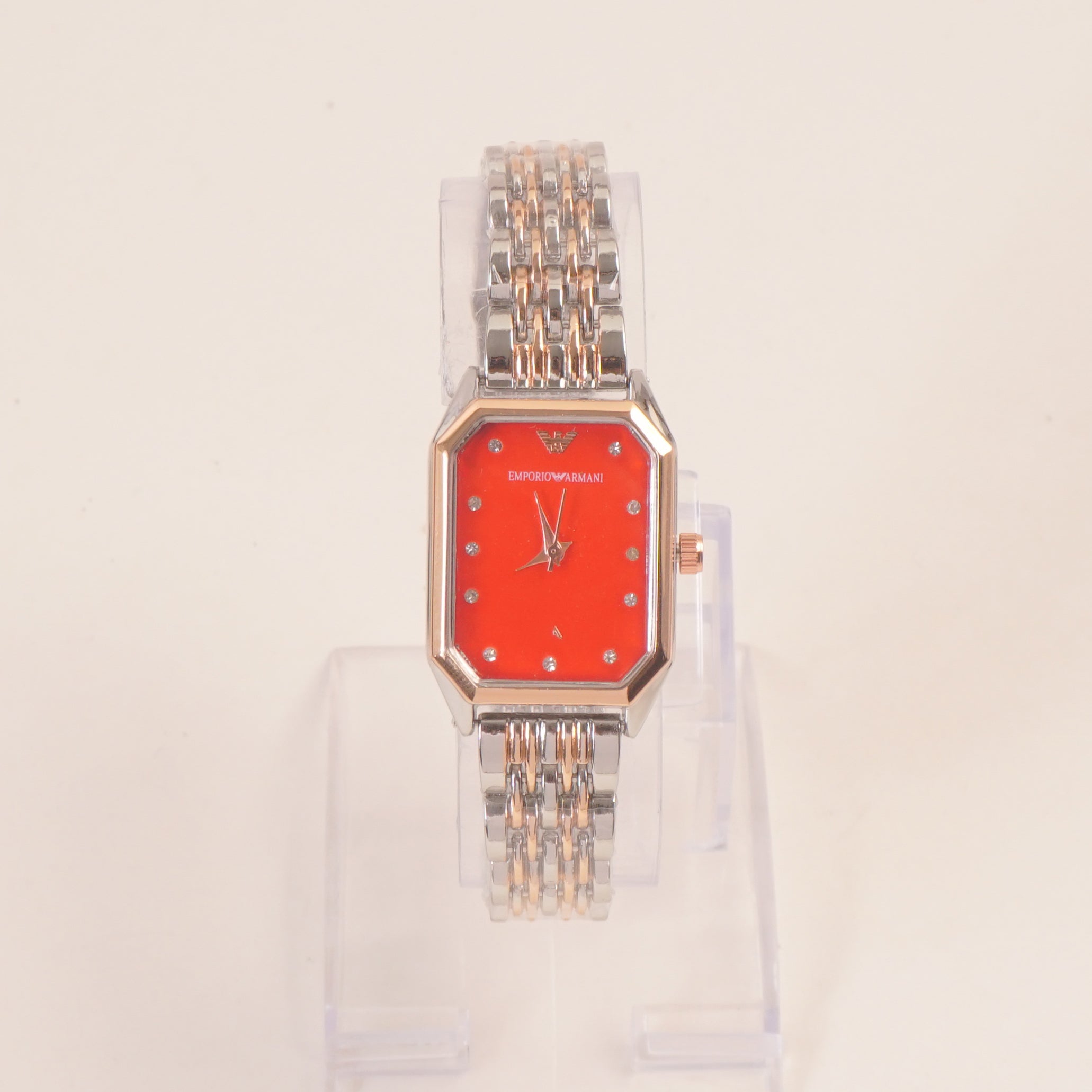 Two Tone Women Stone Design Chain Wrist Watch Red Dial