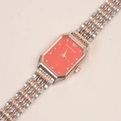 Two Tone Women Stone Design Chain Wrist Watch Red Dial