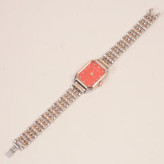 Two Tone Women Stone Design Chain Wrist Watch Red Dial