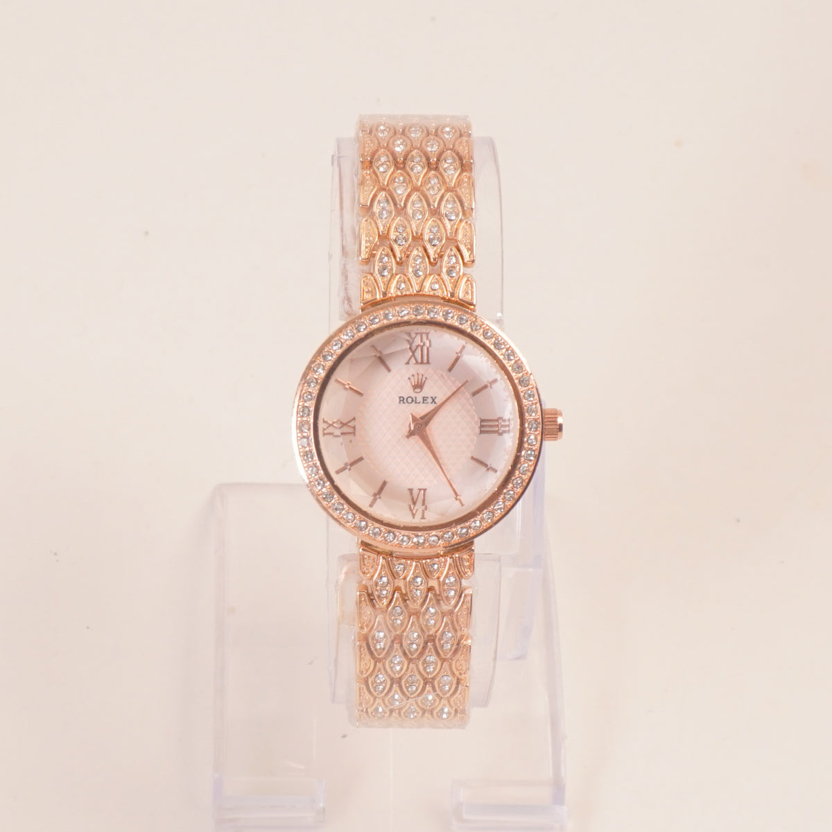 Women Stone Design Chain Wrist Watch Pink Dial