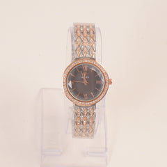 Two Tone Women Stone Design Chain Wrist Watch Black Dial