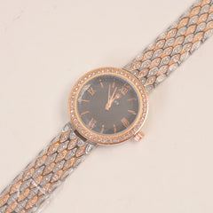 Two Tone Women Stone Design Chain Wrist Watch Black Dial