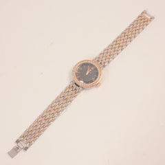 Two Tone Women Stone Design Chain Wrist Watch Black Dial