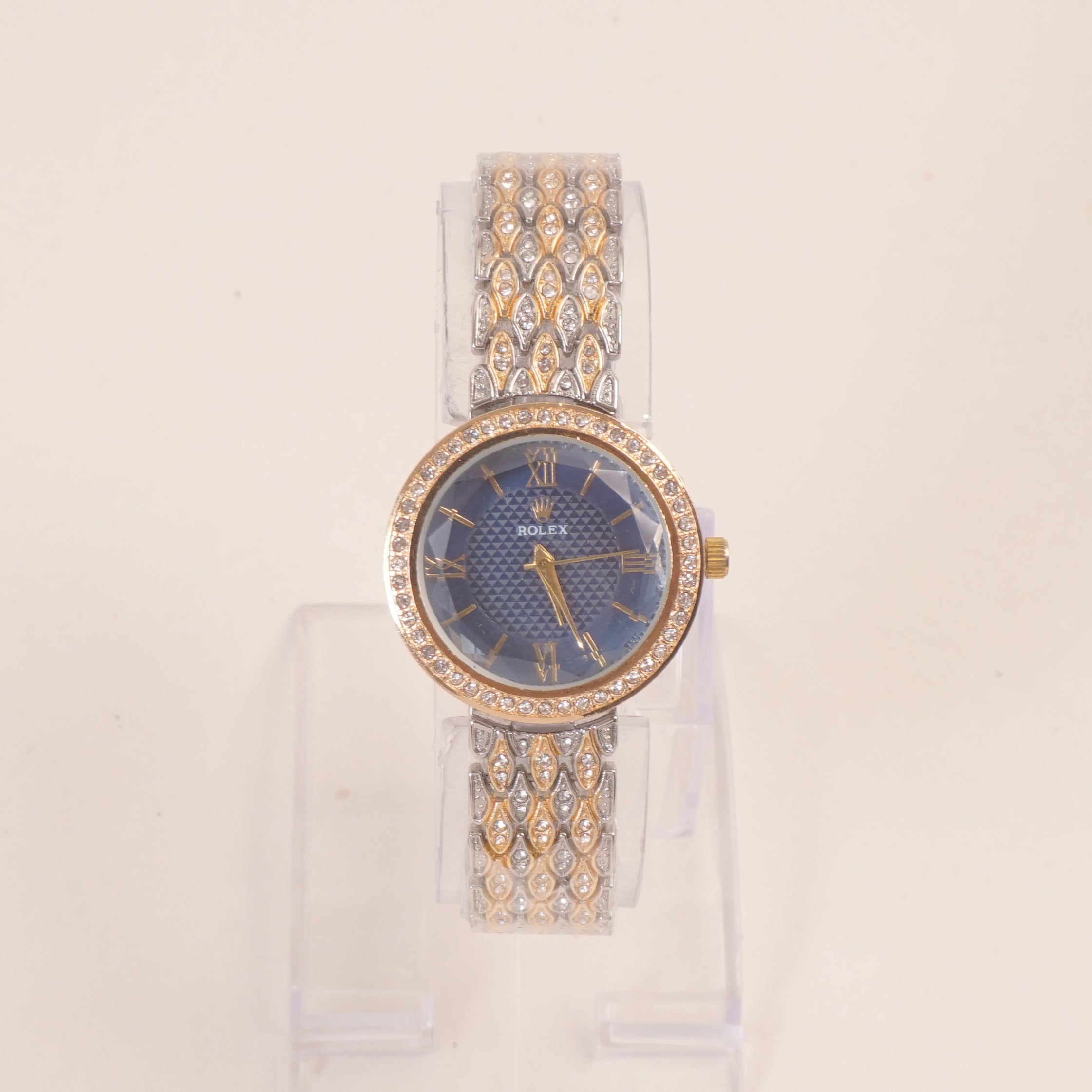 Two Tone Women Stone Design Chain Wrist Watch Blue Dial