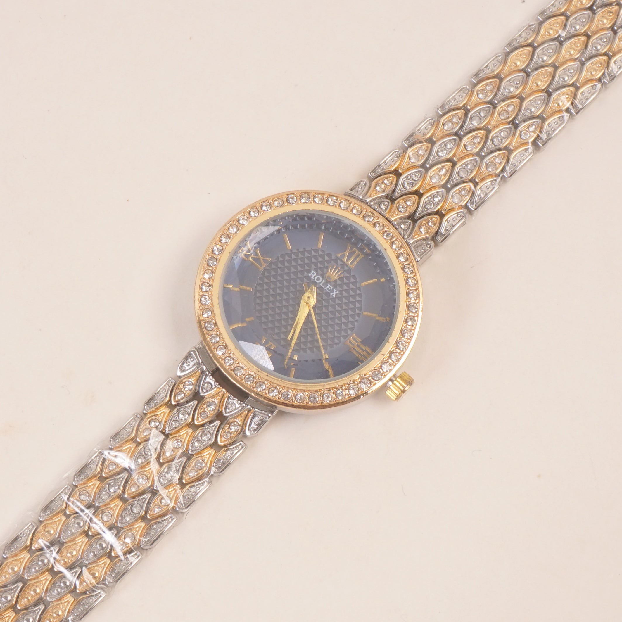 Two Tone Women Stone Design Chain Wrist Watch Blue Dial