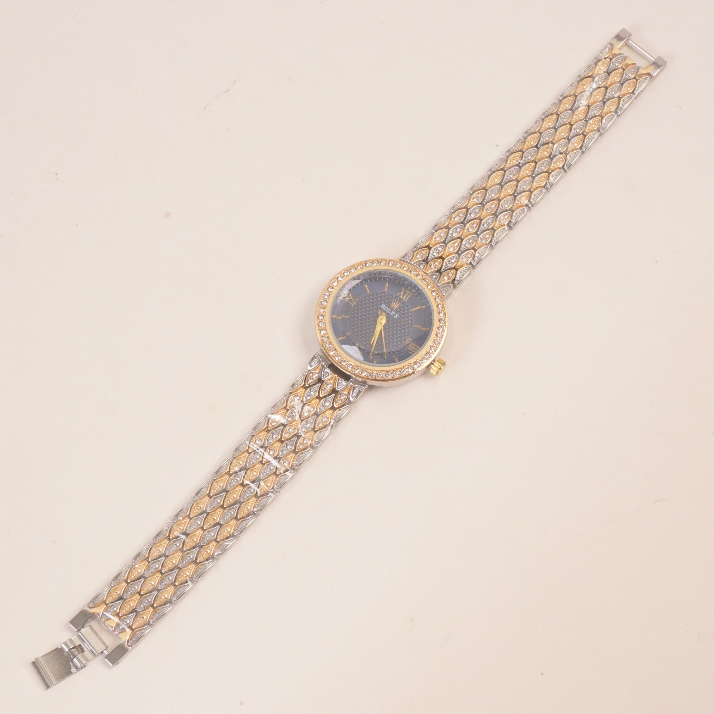 Two Tone Women Stone Design Chain Wrist Watch Blue Dial