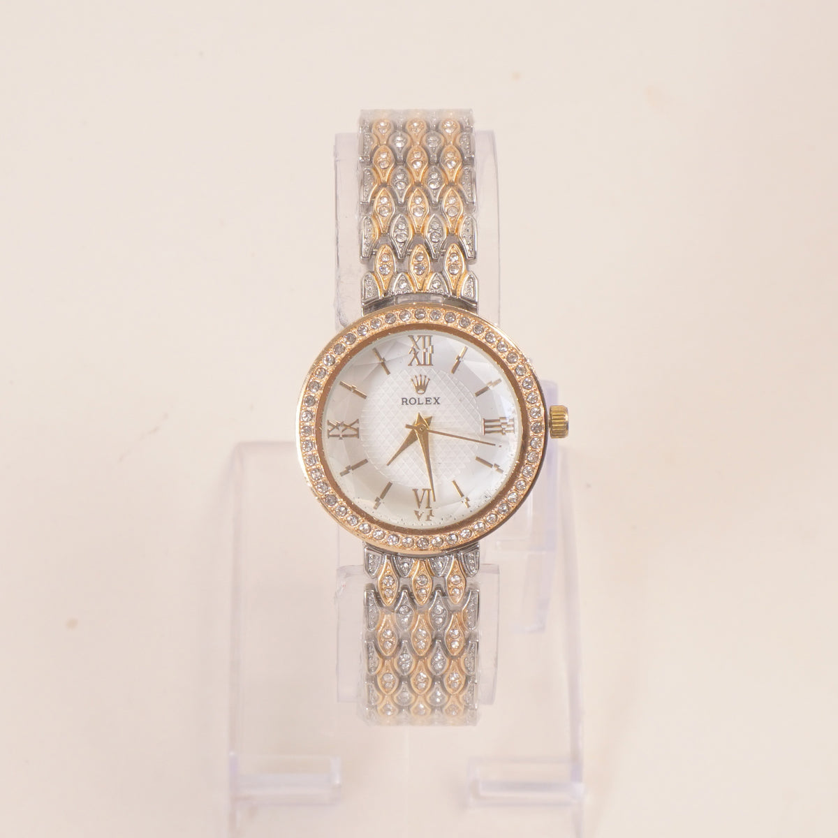 Two Tone Golden Women Stone Design Chain Wrist Watch White Dial