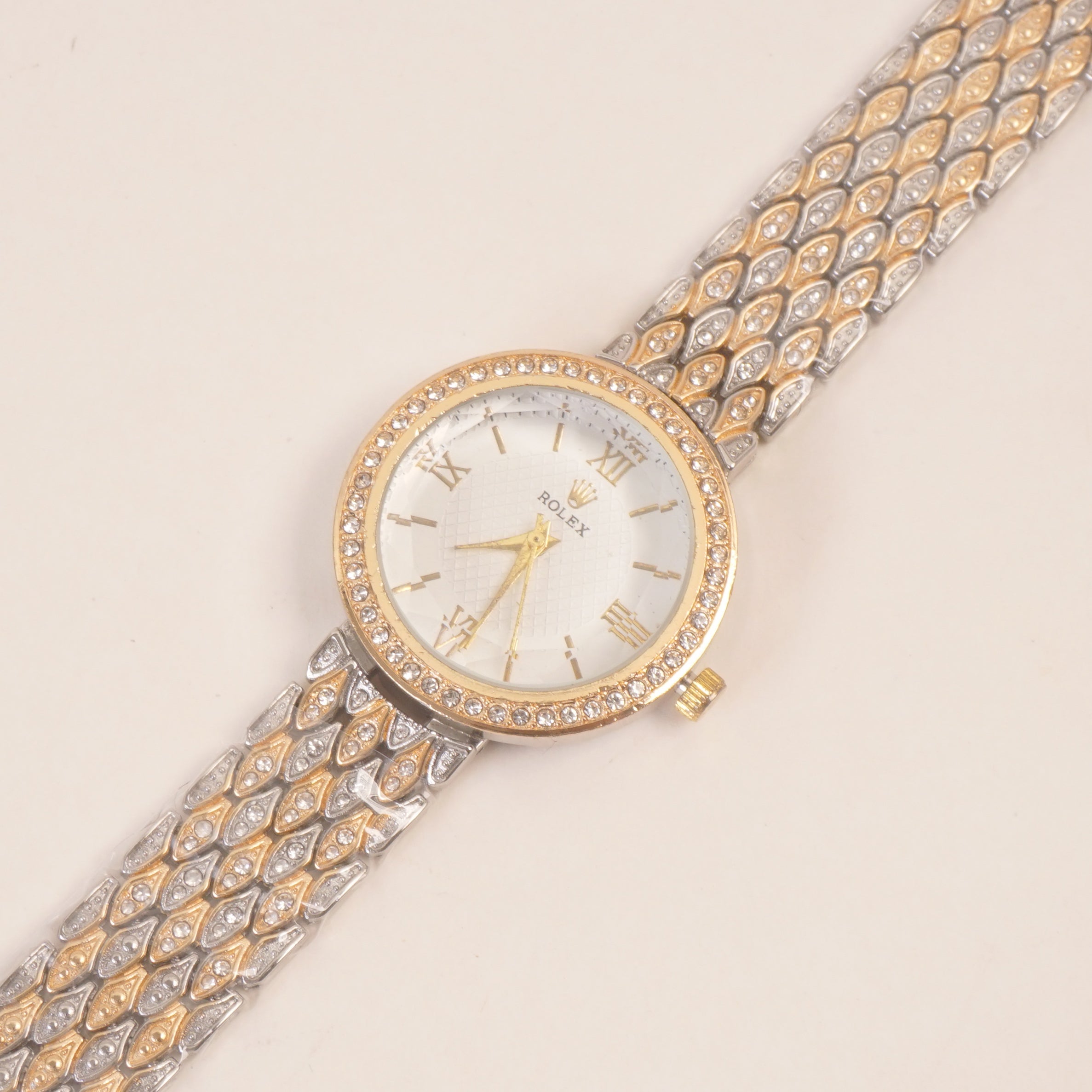 Two Tone Golden Women Stone Design Chain Wrist Watch White Dial