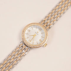 Two Tone Golden Women Stone Design Chain Wrist Watch White Dial