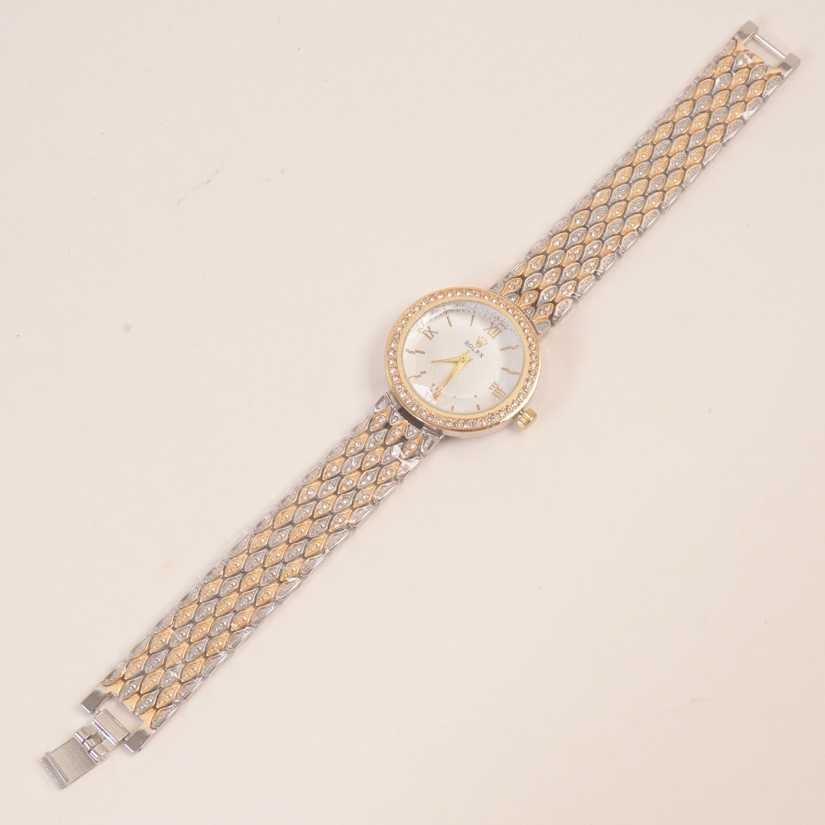 Two Tone Golden Women Stone Design Chain Wrist Watch White Dial