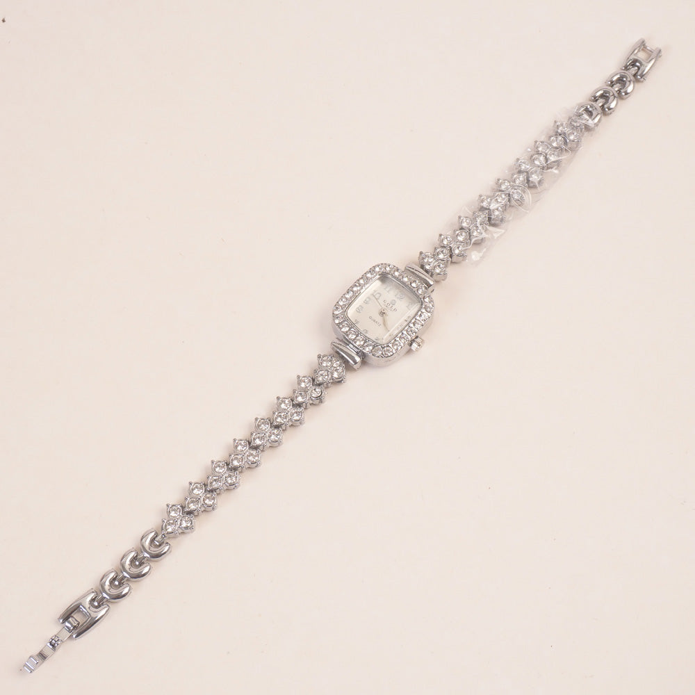 Woman Chain Wrist Watch Stone Design Silver