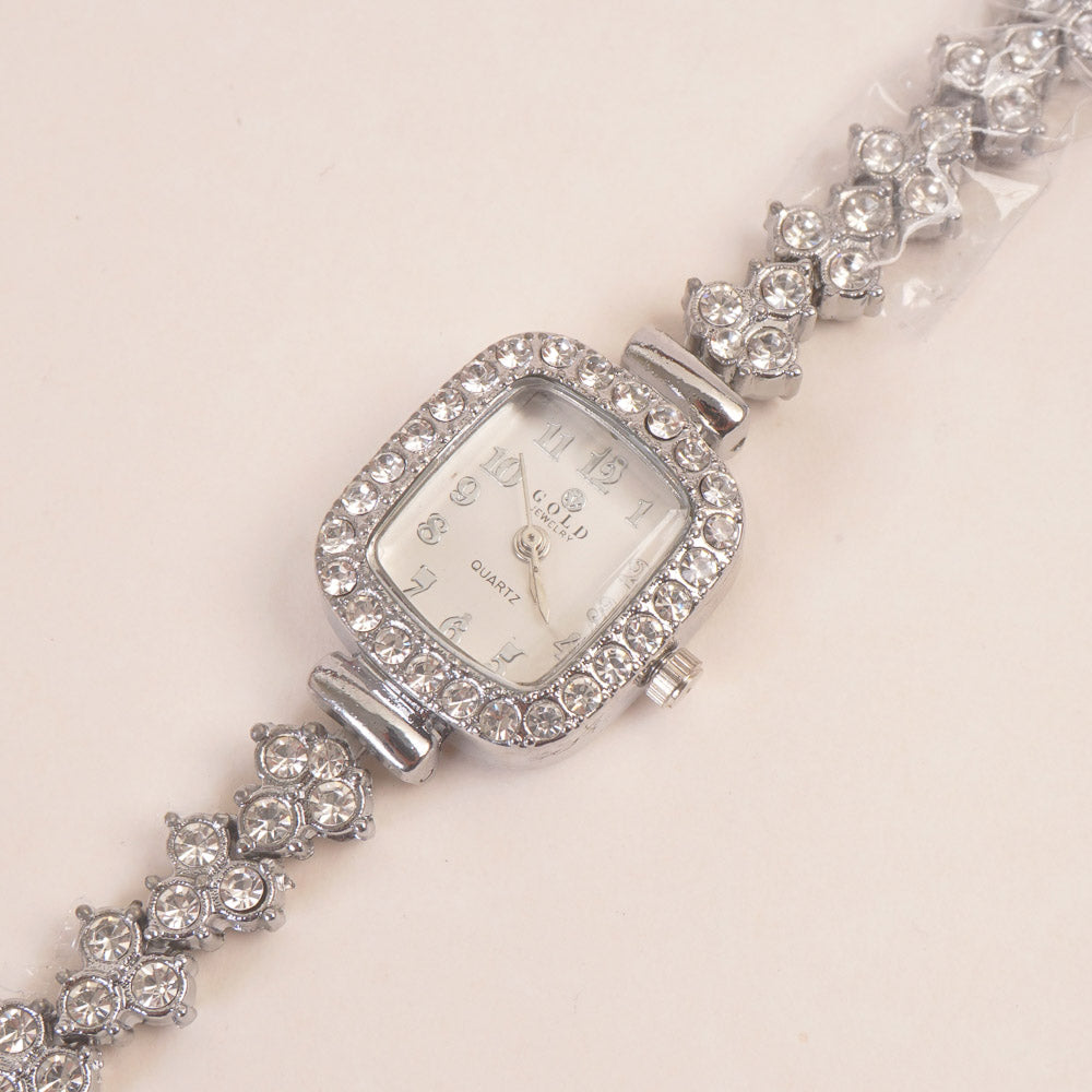 Woman Chain Wrist Watch Stone Design Silver