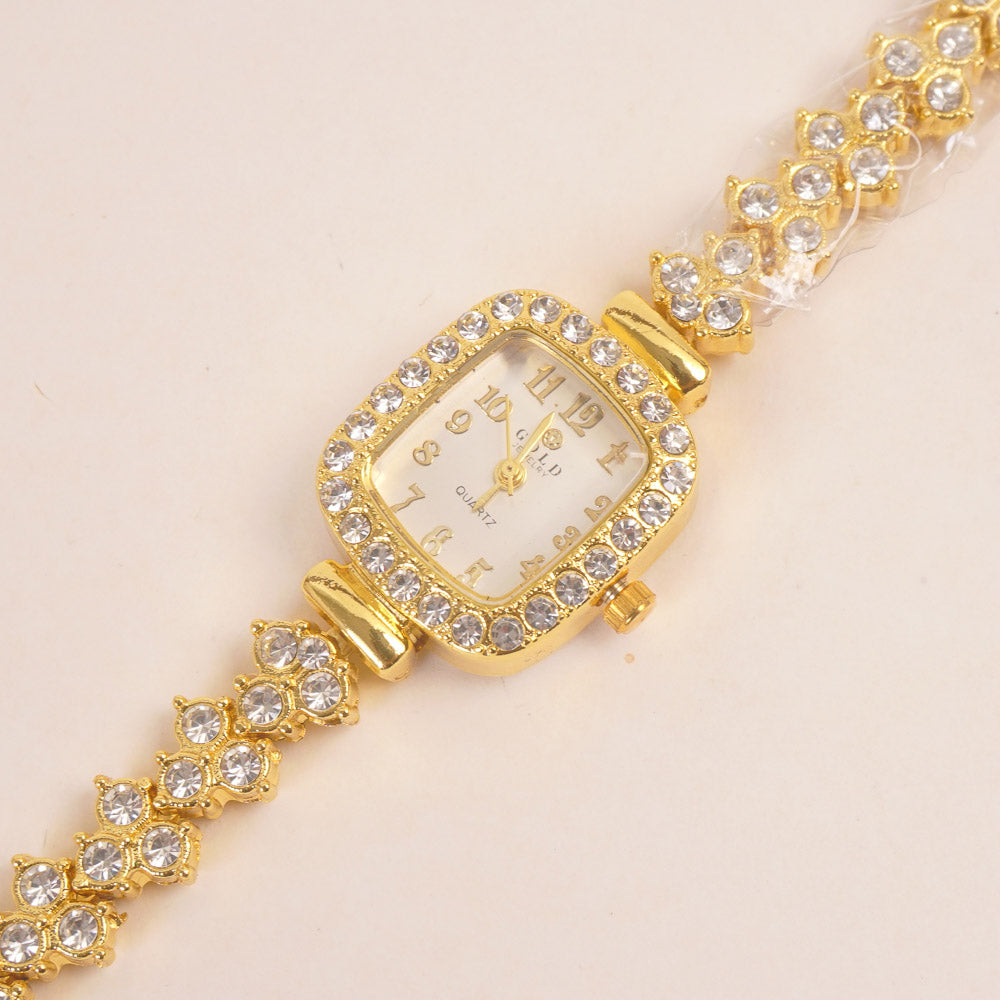 Woman Chain Wrist Watch Stone Design Golden