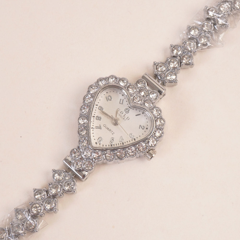 Woman Chain Wrist Watch Stone Design Silver