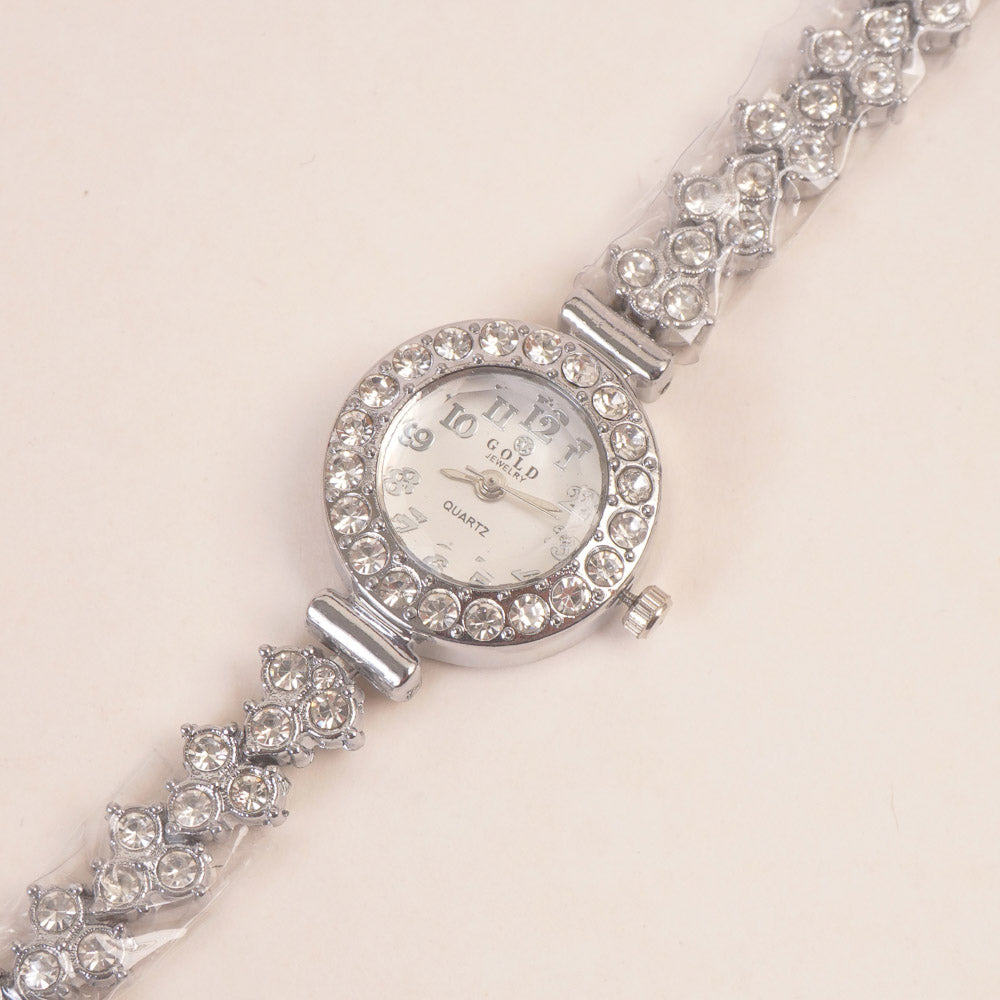 Woman Chain Wrist Watch Stone Design Silver