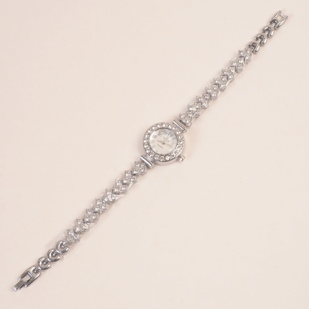 Woman Chain Wrist Watch Stone Design Silver