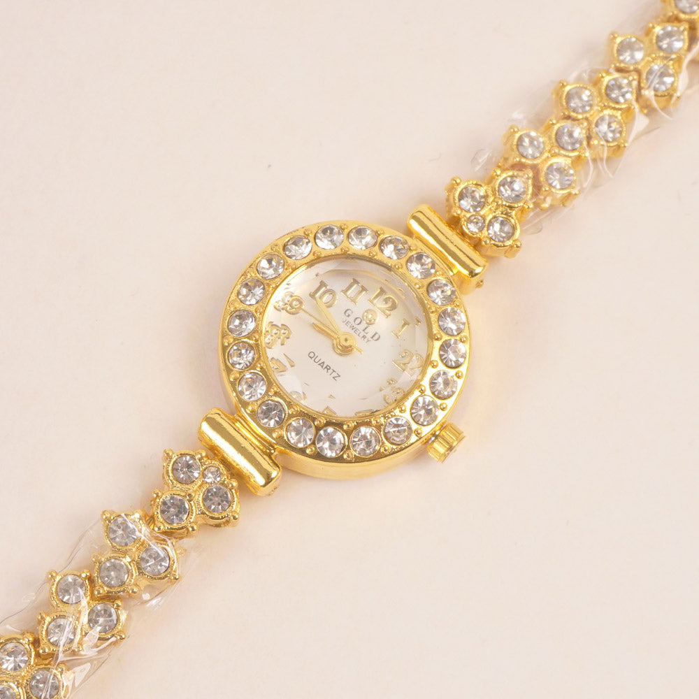 Woman Chain Wrist Watch Stone Design Golden