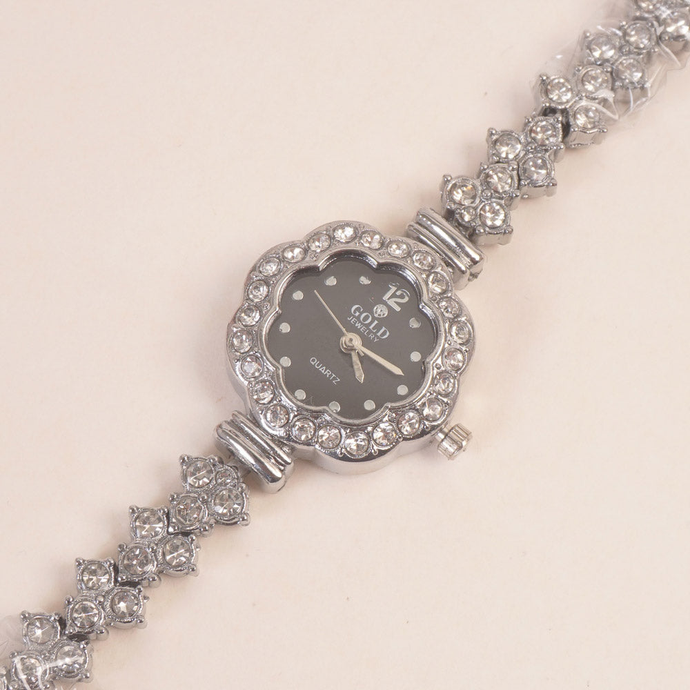 Woman Chain Wrist Watch Stone Design Silver