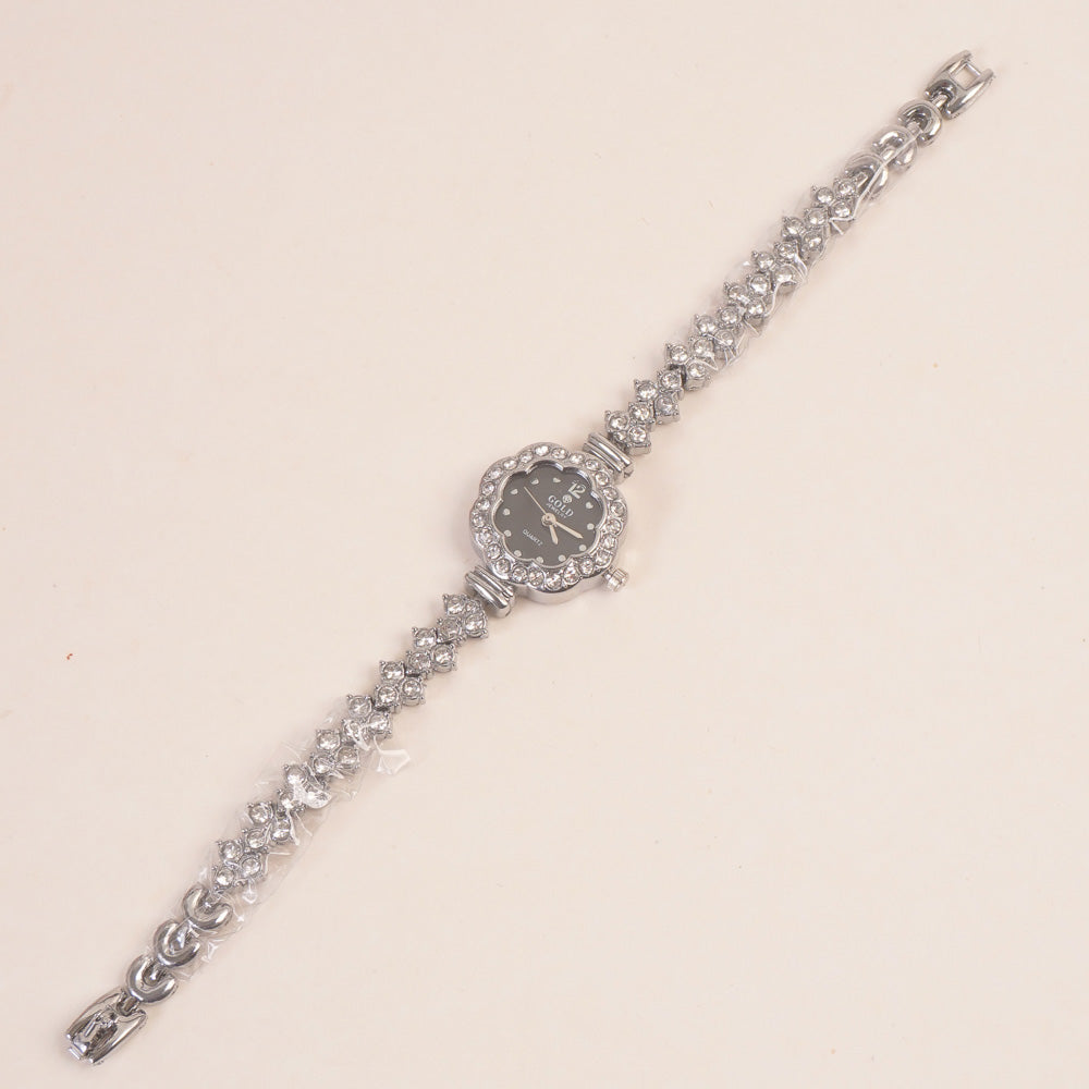 Woman Chain Wrist Watch Stone Design Silver