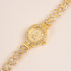 Woman Chain Wrist Watch Stone Design Golden