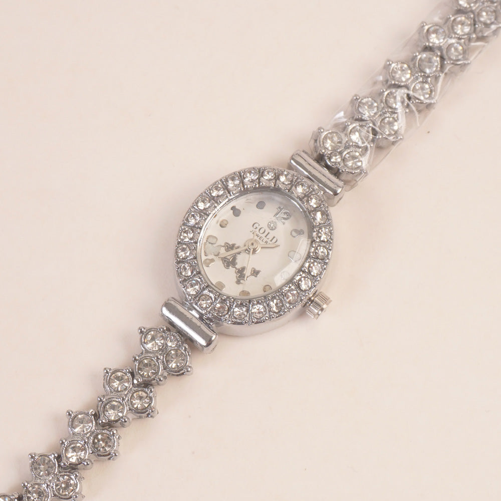 Woman Chain Wrist Watch Stone Design Silver