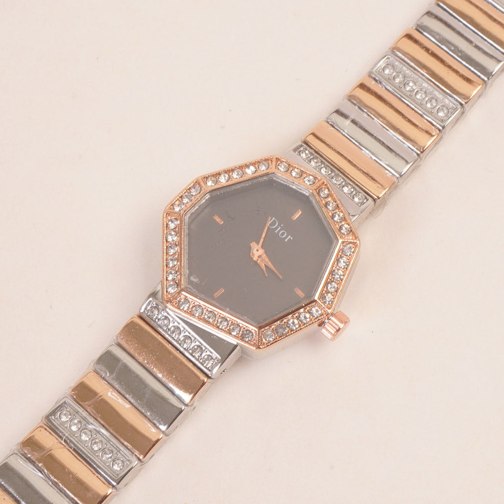 Two Tone Women Stone Design Chain Wrist Watch Rosegold Black