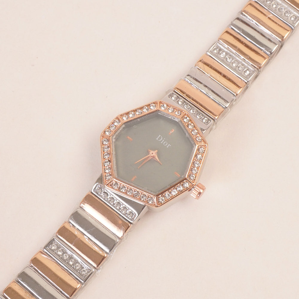 Two Tone Women Stone Design Chain Wrist Watch Rosegold Green