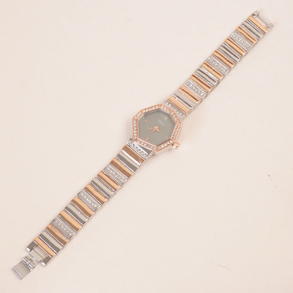 Two Tone Women Stone Design Chain Wrist Watch Rosegold Green