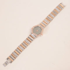 Two Tone Women Stone Design Chain Wrist Watch Rosegold Green