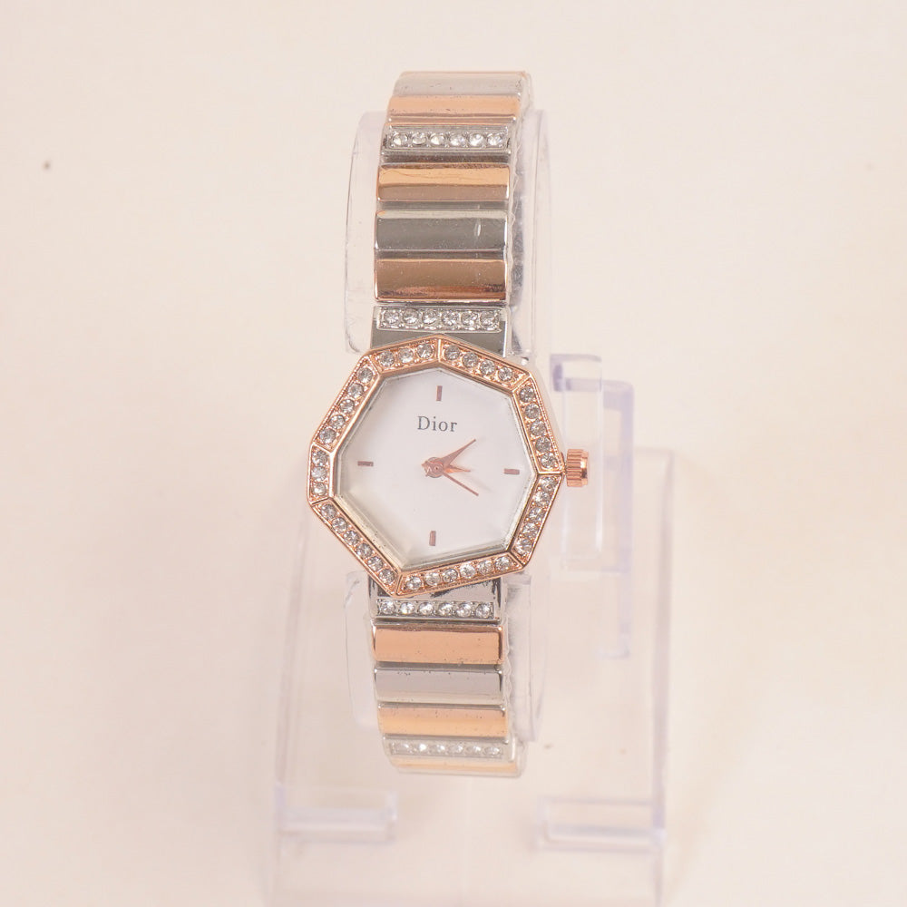 Two Tone Women Stone Design Chain Wrist Watch Rosegold White