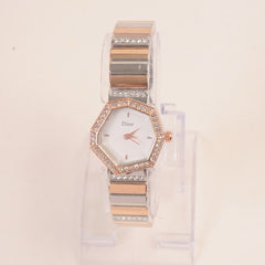 Two Tone Women Stone Design Chain Wrist Watch Rosegold White