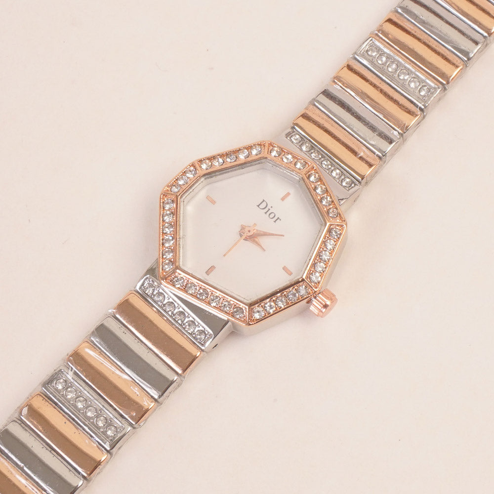 Two Tone Women Stone Design Chain Wrist Watch Rosegold White