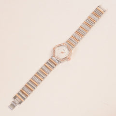 Two Tone Women Stone Design Chain Wrist Watch Rosegold White