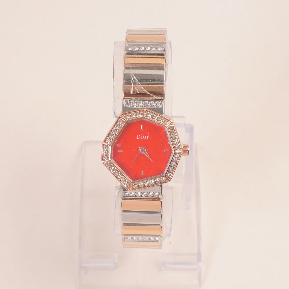 Two Tone Women Stone Design Chain Wrist Watch Rosegold Red