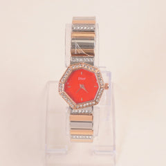 Two Tone Women Stone Design Chain Wrist Watch Rosegold Red